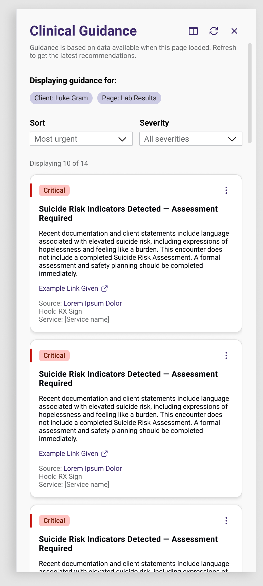 Clinical Guidance sidebar showing critical guidance cards sorted by urgency, with sort and severity filters