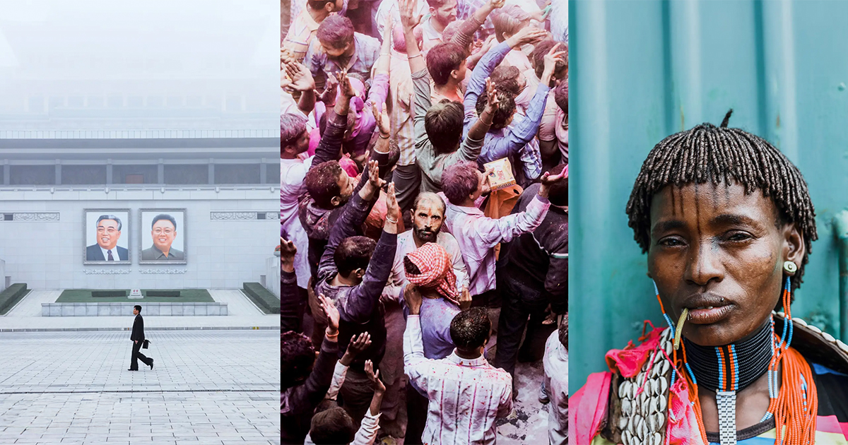 Three photographs by Luke Gram: a lone figure crossing Kim Il-sung Square in Pyongyang; a Holi festival crowd in India; a portrait of a Hamar woman against a teal wall